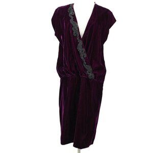 Vtg Deadstock A La Carte Velvet Dress Womens 7/8 Burgundy Drop Waist Deep V Neck